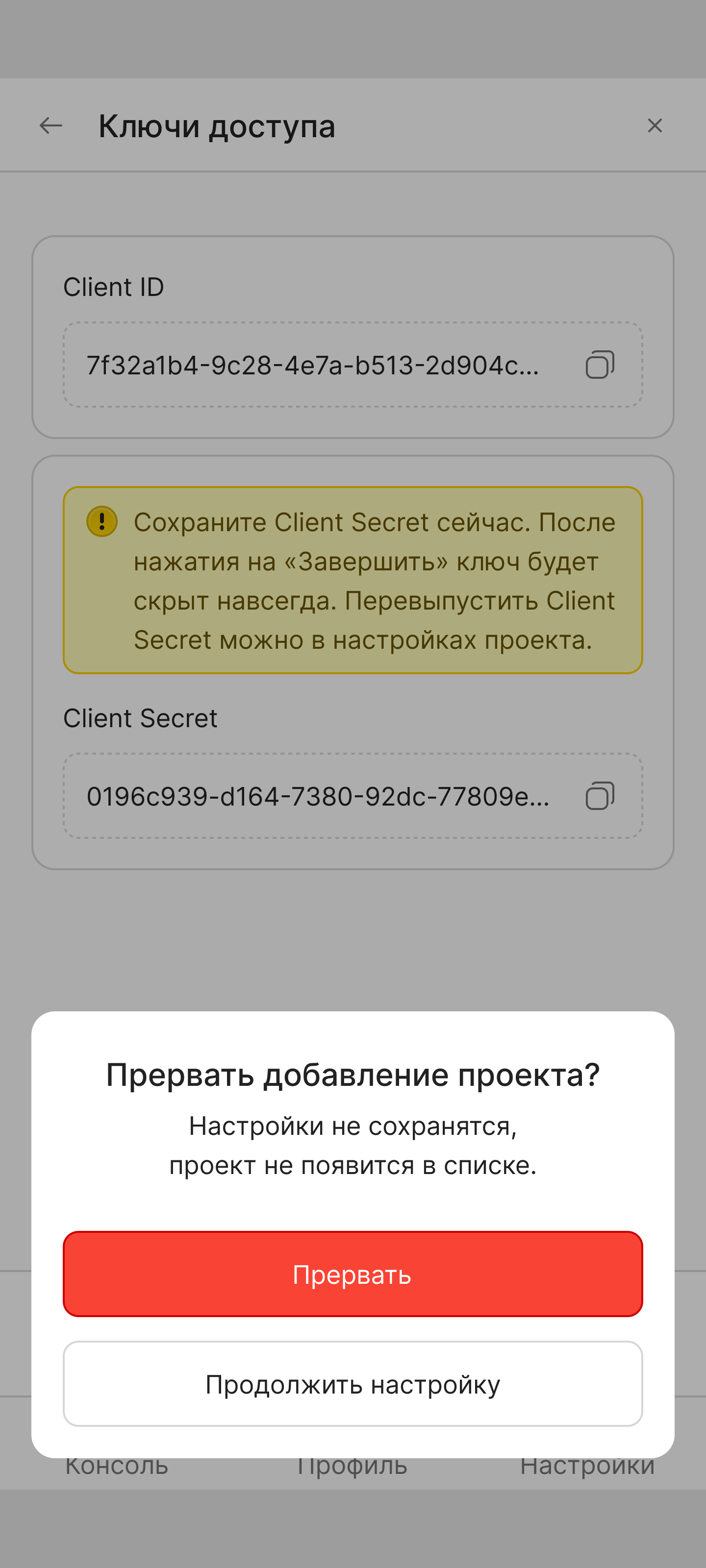 Подтверждение прерывания создания проекта